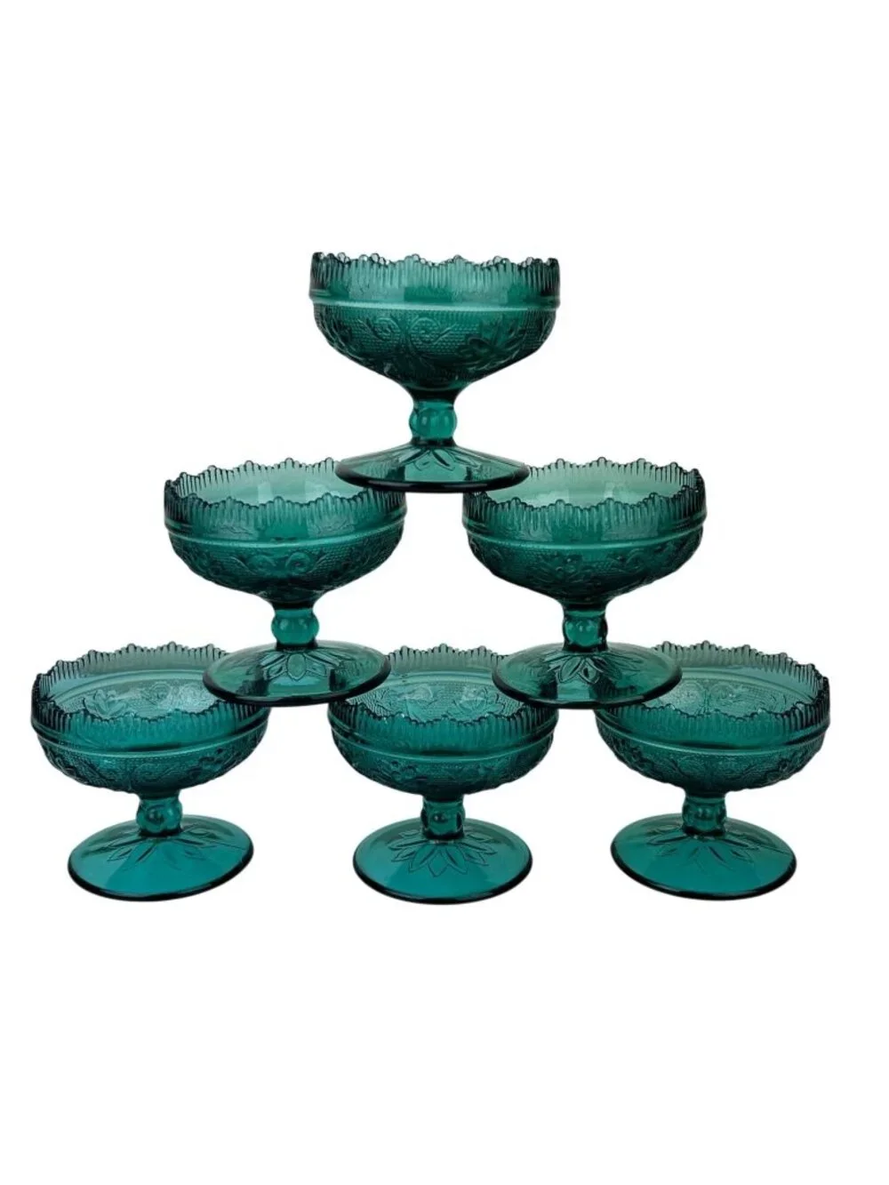 Tiara Indiana Green Glass Spruce Sherbet Compote Pedestal Bowls Cups Set of 6